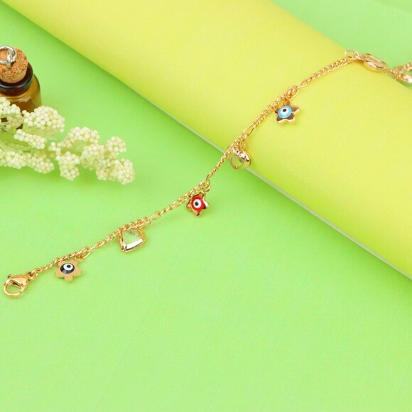 "Evil Eye Flower & Heart Charm Rose Gold Anklet, XPAL1190 - Picture 4 of 12